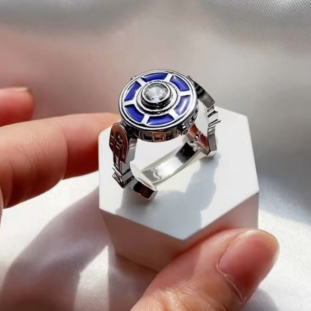⭐️NEW⭐️ 925 Sterling Silver Plated R2-D2 Shaped Ring With Center Diamond Stone - Picture 3 of 7